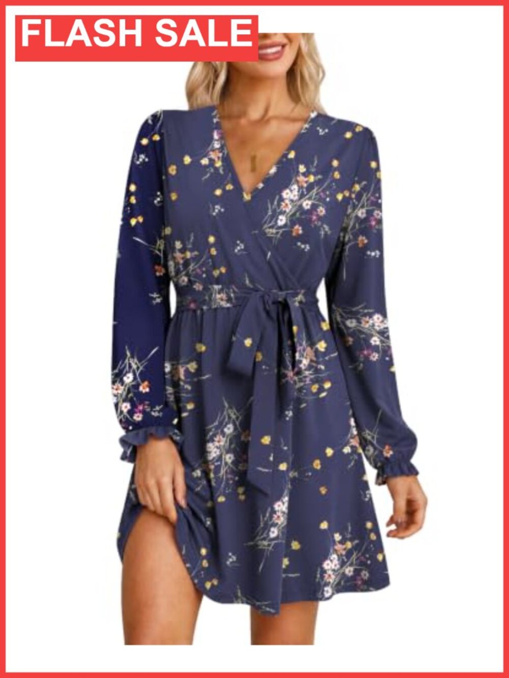 Wrap V Neck Long Sleeve Belted A-Line Dress
